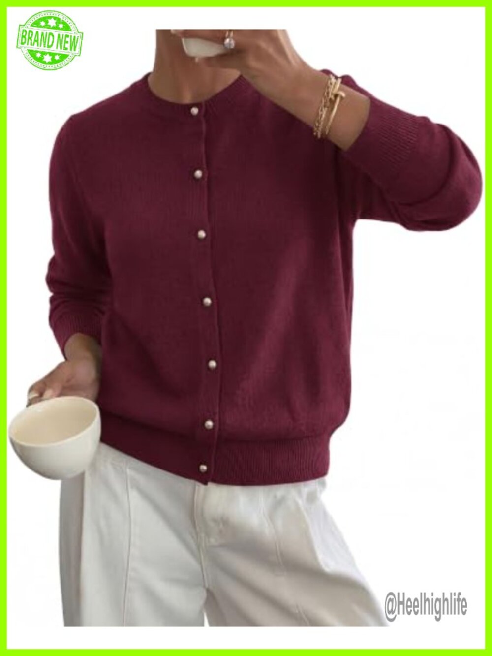Womens Button Up Cardigan Sweater Soft Knit Long Sleeve Gold Buttons